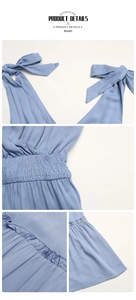 Detail view of adjustable bow straps and elastic waist on light blue summer dress