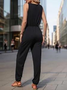 Chic black sleeveless long jumpsuit with a cinched waist and sleek back view design
