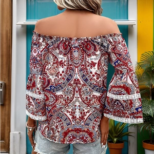 Off-shoulder paisley print top with bell sleeves and white lace trim detail