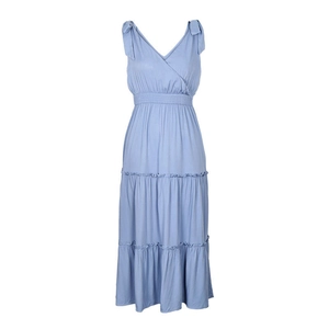 Detail of light blue V-neck dress with smocked waist and adjustable bow shoulder straps
