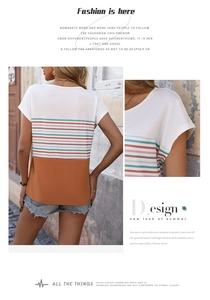Detail of color-blocked striped T-shirt featuring a crew neck and casual summer style
