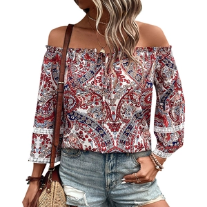 Women's off-shoulder paisley print long sleeve top with white crochet lace patchwork