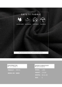 Gros plan du tissu tricoté noir montrant la texture respirante et les infos produit