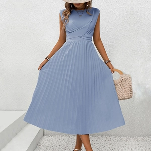 Robe Midi Plissée sans Manches Élégante pour Femmes Col Rond Taille Croisée Couleur Unie Été Décontractée Vacances Fête