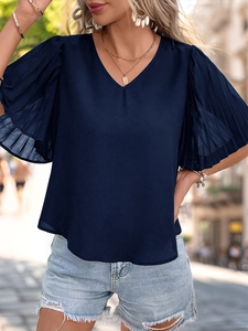 Women's dark blue V-neck blouse with pleated ruffle short sleeves and casual style