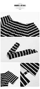 Detail view of elastic off-shoulder neckline and side slit on black and white striped dress