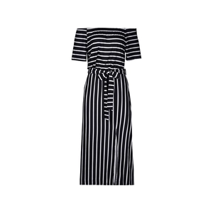 Detail of off-shoulder striped dress featuring a waist tie and side slit design