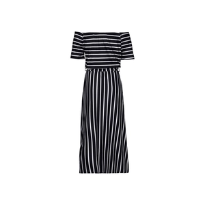 Detail of off-shoulder neckline and mixed striped pattern on summer maxi dress