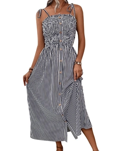 Detail of blue and white striped summer dress with smocked bodice and wooden buttons