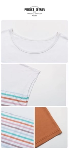 Detail showing the white round neck, colorful striped fabric and stitching on the t-shirt