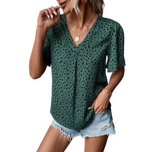 Top da donna con scollo a V e stampa leopardata verde scuro con maniche a volant