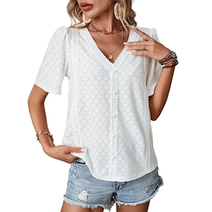 Summer white V-neck short sleeve blouse with lace patchwork and button details