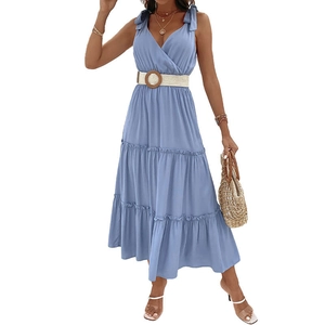 Light blue V-neck tiered maxi dress with woven belt and tie shoulders for summer fashion