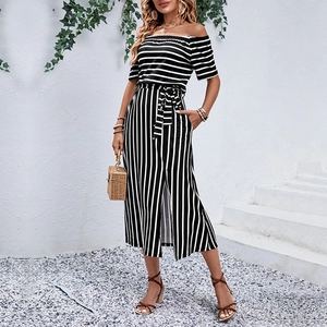 Women Casual Striped Off Shoulder Midi Dress Summer Elegant Slit Hem Belted Beach Vacation Party Patchwork Sundress