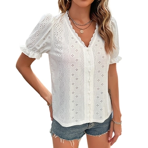 White V-neck short sleeve eyelet lace shirt with hollow embroidery for women