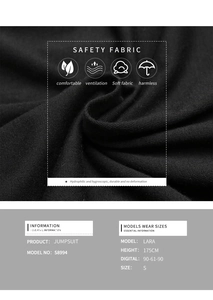 Detail of breathable knitted fabric texture and model size chart for black sleeveless jumpsuit
