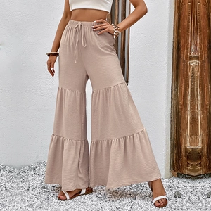 Women Casual High Waist Tiered Wide Leg Pants Summer Vacation Drawstring Elastic Waist Spliced Textured Fabric Trousers
