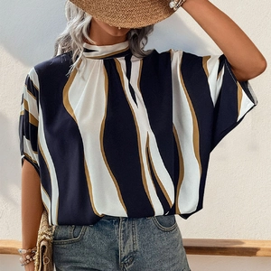 Summer women blouse with yellow wave print, high neck and loose batwing sleeves design