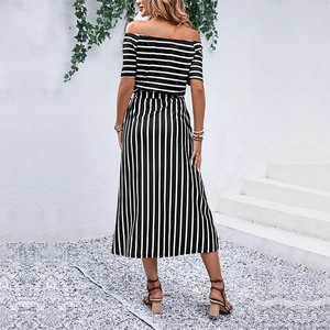 Chic black and white striped off-shoulder summer dress for women shown from the back view