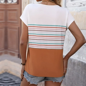 Women's casual short sleeve t-shirt featuring color block stripes and a round neck design