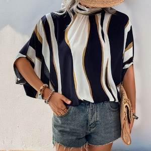 Women's summer chiffon batwing sleeve blouse with abstract wave print and stand collar