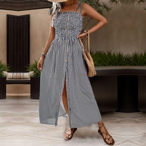 Summer black and white striped maxi dress with tie straps and button front detail