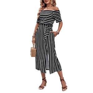 Women stripe off-shoulder crop top and midi skirt set with high slit and belted waist