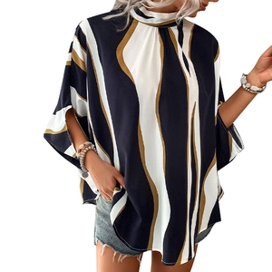 Women's summer shirt with abstract wave print and oversized split batwing sleeves