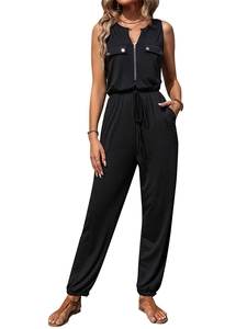 Women's black sleeveless cargo jumpsuit with V-neck zipper, drawstring waist and cuffed hem