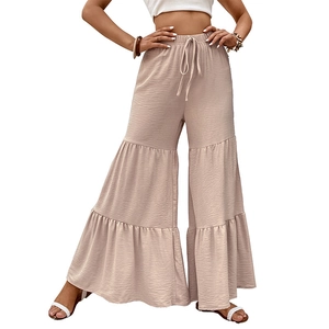 Women's high-waisted tiered wide leg pants with drawstring in light khaki for summer