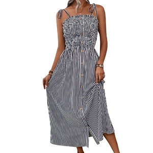 Blue and white vertical striped camisole dress with smocked bodice and decorative buttons