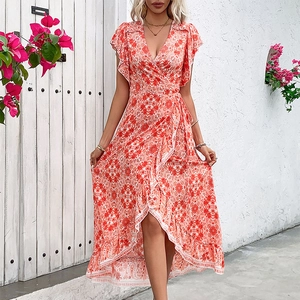 Women Bohemian Paisley Print V Neck Wrap Dress Ruffle Short Sleeve High Low Summer Beach Vacation Maxi Dress
