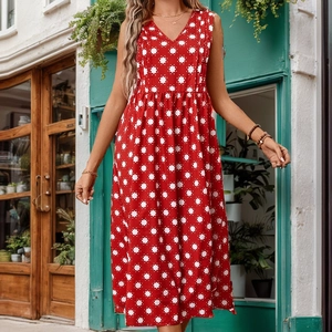 Elegant sleeveless V-neck maxi dress with white floral print on vibrant red fabric