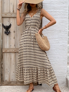 Women boho V-neck sleeveless maxi dress with black diamond print and drawstring waist