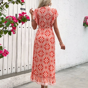 Summer bohemian V-neck floral maxi dress with red and white patterns and ruffled hemline