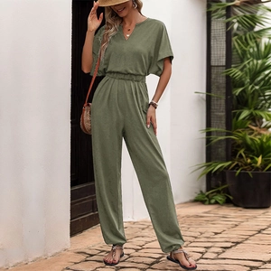 Army green casual short sleeve jumpsuit for women with V-neck and elastic waist design