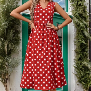 Women's sleeveless V-neck A-line dress in red with white floral print for summer