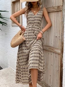 Women's Bohemian V Neck Sleeveless Maxi Dress Geometric Print High Waist Drawstring Summer Beach Vacation Long Dress