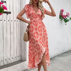 Summer V-neck wrap floral maxi dress with ruffle sleeves and irregular hem for beach vacation