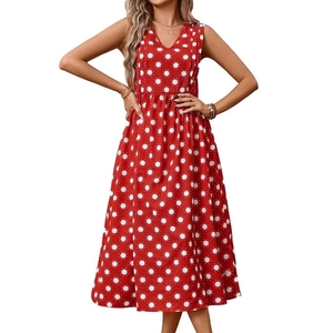 Women's sleeveless V-neck A-line dress in red with white sunburst print pattern