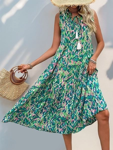 Women Casual Bohemian Sleeveless V-Neck Tassel Tiered Maxi Dress Summer Beach Vacation Abstract Print Viscose Long Dress
