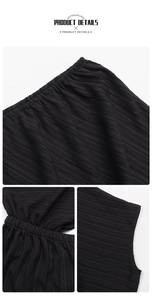 Detailed view of the black textured one-shoulder bodysuit showing ribbed fabric and waist detail