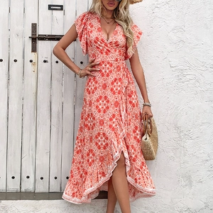 Floral V-neck wrap dress with ruffle sleeves and irregular hem for summer beach vacation