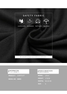 Detail of soft black cotton knit fabric for S8993 jumpsuit with model sizing info