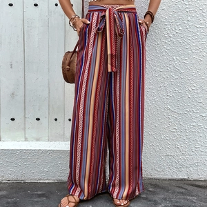 Women Bohemian High Waist Wide Leg Pants Summer Printed Vertical Stripes Loose Trousers Casual Vacation Palazzo Pants