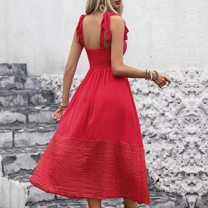 Elegant red sleeveless midi dress with adjustable tie straps and smocked back detail