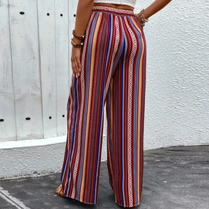Women bohemian wide-leg printed trousers with high waist and colorful geometric patterns