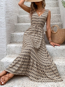 Detail of bohemian V-neck sleeveless maxi dress with geometric diamond print pattern