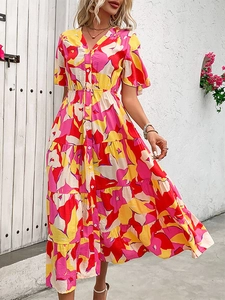 Robe midi trapèze avec col en V, jupe à volants et imprimé fleuri abstrait coloré
