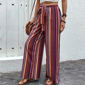 Women bohemian high waist wide leg pants with colorful vertical stripes and waist tie